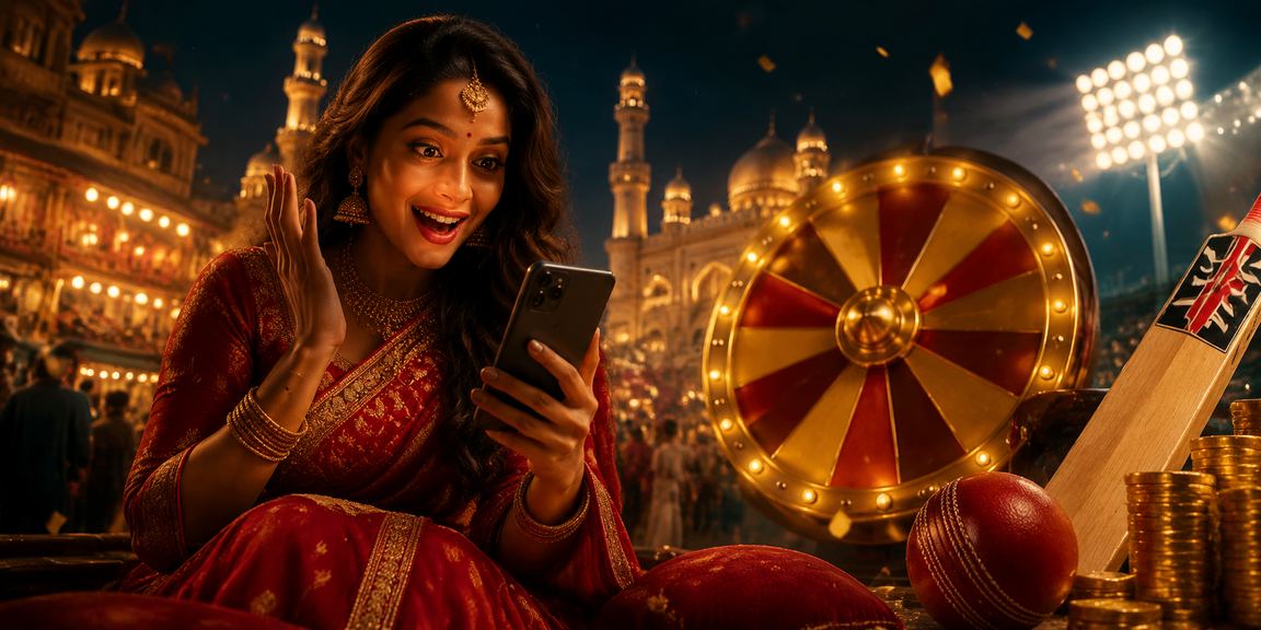 Indian woman enjoying cricket betting on mobile at evening